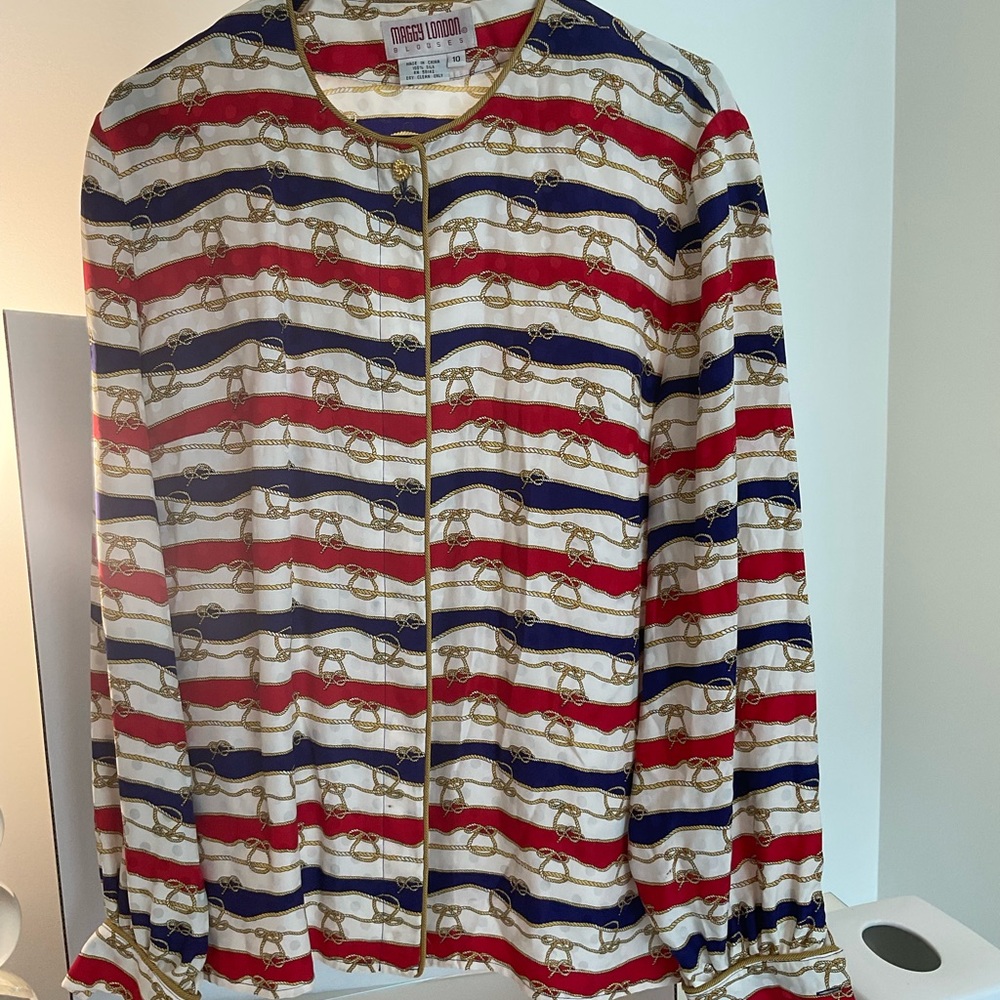 Maggy London Red, Blue, and Gold Striped Top